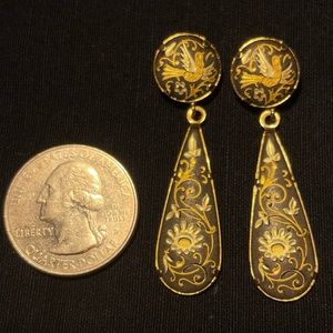 Black and gold dove post dangle earrings